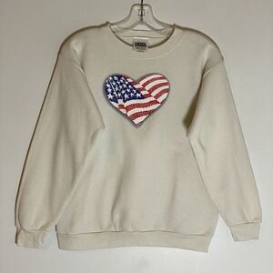 Vtg Tultex Sweatshirt Womens Large Cream USA Flag Heart Crewneck Granny Cottage